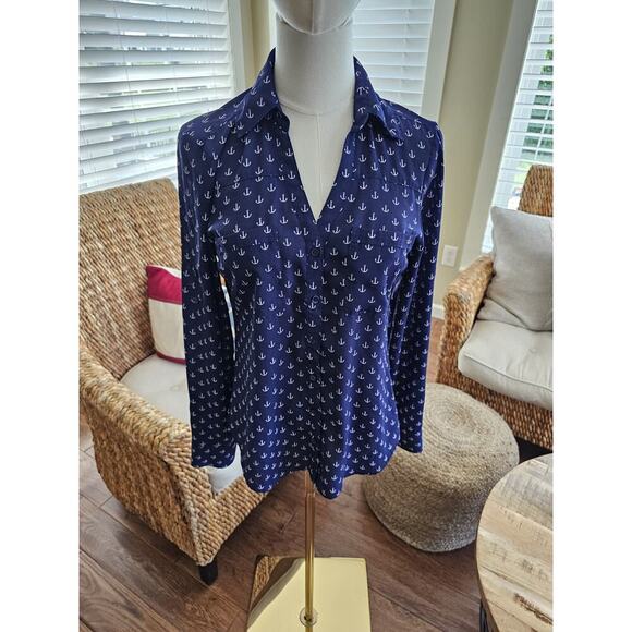 Express The Portofino Shirt Nautical Anchor Print Navy Blue XS Roll Tab Sleeves - Picture 1 of 8